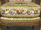Armchair (fauteuil à la reine), Jacques Gondouin (1737–1818), Carved and gilded beech; modern silk lampas, French, Paris
