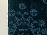 Piece, Cut voided velvet on satin foundation weave (warp: silk dyed in dark blue, reeled, no twist/S plied, 9 per cm; warp pile: silk dyed in dark blue, reeled, no twist/no ply; weft: silk dyed in dark blue, reeled, no twist/no ply, 25-29 per cm), Italian