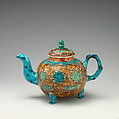 Footed teapot, Salt-glazed stoneware with enamel decoration, British, Staffordshire