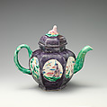 Teapot, Salt-glazed stoneware with enamel decoration, British, Staffordshire