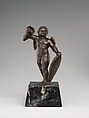 Cupid holding a candle socket, Bronze, traces of brown lacquer patina; later marble base, Italian, Padua