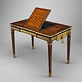 Mechanical table (Table mécanique), Jean Henri Riesener (French, Gladbeck, North Rhine-Westphalia 1734–1806 Paris), Oak veneered with marquetry of bois satiné, holly, amaranth, barberry, stained sycamore, and green-lacquered wood; gilt-bronze mounts; steel, iron and brass fittings; mirror glass; velvet (not original), French, Paris