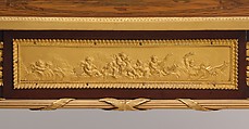 Mechanical table, Jean Henri Riesener (French, Gladbeck, North Rhine-Westphalia 1734–1806 Paris), Oak veneered with mahogany and marquetry of bois satiné, sycamore, holly, ebonized holly fillets, and bayberry, the top with an amaranth border; gilt-bronze mounts; mirror glass; iron and brass fittings; green velvet (not original), French, Paris