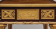 Mechanical table, Jean Henri Riesener (French, Gladbeck, North Rhine-Westphalia 1734–1806 Paris), Oak veneered with mahogany and marquetry of bois satiné, sycamore, holly, ebonized holly fillets, and bayberry, the top with an amaranth border; gilt-bronze mounts; mirror glass; iron and brass fittings; green velvet (not original), French, Paris