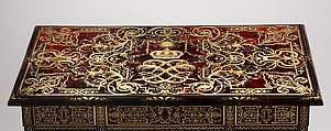 Small desk with folding top (bureau brisé), Marquetry by Alexandre-Jean Oppenordt (Dutch, 1639–1715, active France), Oak, pine, walnut veneered with ebony, rosewood, and marquetry of tortoiseshell and engraved brass; gilt bronze and steel, French, Paris