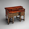 Small desk with folding top (bureau brisé), Marquetry by Alexandre-Jean Oppenordt (Dutch, 1639–1715, active France), Oak, pine, walnut veneered with ebony, rosewood, and marquetry of tortoiseshell and engraved brass; gilt bronze and steel, French, Paris