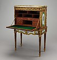 Drop-front desk (secrétaire à abattant or secrétaire en cabinet), Martin Carlin (French, near Freiburg im Breisgau ca. 1730–1785 Paris), Oak veneered with tulipwood, amaranth, holly, and ebonized holly; ten soft-paste porcelain plaques; gilt-bronze mounts; marble; velvet (not original), French, Paris and Sèvres