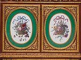 Drop-front desk (secrétaire à abattant or secrétaire en cabinet), Martin Carlin (French, near Freiburg im Breisgau ca. 1730–1785 Paris), Oak veneered with tulipwood, amaranth, holly, and ebonized holly; ten soft-paste porcelain plaques; gilt-bronze mounts; marble; velvet (not original), French, Paris and Sèvres