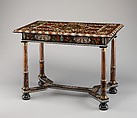 Table, Attributed to Pierre Gole (ca. 1620–1684), Oak and fruitwood veneered with tortoiseshell, stained and natural ivory, ebony, and other woods; gilt bronze, French, Paris