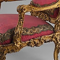 Armchair (Fauteuil à la reine) for Louise-Élisabeth of Parma, Nicolas-Quinibert Foliot (1706–1776, warden 1750/52), Carved and gilded oak; original silk-velvet upholstery and gold trim, French, Paris and Italian, Parma