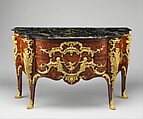 Commode, Charles Cressent (French, Amiens 1685–1768 Paris), Pine and oak veneered with amaranth and bois satiné; drawer bottoms of walnut, drawer sides of oak, drawer fronts of pine; gilt-bronze mounts; portoro marble top, French, Paris