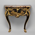 Side table (commode en console), Bernard II van Risenburgh (ca. 1696–ca. 1767), Oak and pine lacquered black and veneered with Japanese black and gold lacquer; gilt-bronze mounts; Sarrancolin marble top, French, Paris