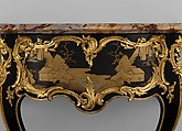 Side table (commode en console), Bernard II van Risenburgh (ca. 1696–ca. 1767), Oak and pine lacquered black and veneered with Japanese black and gold lacquer; gilt-bronze mounts; Sarrancolin marble top, French, Paris