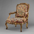 Armchair (fauteuil à la reine) (part of a set), Frame by Nicolas-Quinibert Foliot (1706–1776, warden 1750/52), Carved and gilded beech; wool and silk tapestry, French, Paris