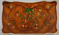 Writing table (table à écrire), Bernard II van Risenburgh (ca. 1696–ca. 1767), Oak veneered with tulipwood, kingwood, amaranth, mahogany, ebony, mother-of-pearl, stained horn; gilt-bronze mounts; modern velvet, French, Paris