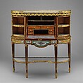 Drop-front desk (secrétaire à abattant or secrétaire en cabinet), Attributed to Martin Carlin (French, near Freiburg im Breisgau ca. 1730–1785 Paris), Oak veneered with tulipwood, amaranth, holly, and sycamore; six Sèvres soft-paste porcelain plaques and two painted tin plaques; gilt-bronze mounts; marble shelves; moiré silk, French, Paris and Sèvres