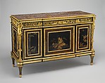 Commode (commode à vantaux) (part of a set), Adam Weisweiler (French, 1744–1820), Oak veneered with ebony, amaranth, holly, ebonized holly, satinwood, Japanese and French lacquer panels; gilt-bronze mounts, brocatelle marble top (not original); steel springs; morocco leather (not original), French, Paris