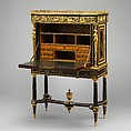 Drop-front secretary on stand (secrètaire à abattant or secrétaire en cabinet) (one of a pair) (part of a set), Adam Weisweiler (French, 1744–1820), Oak veneered with ebony, amaranth, holly, ebonized holly, satinwood, Japanese and French lacquer panels, gilt-bronze mounts, brocatelle marble top (not original); steel springs; morocco leather (not original), French, Paris