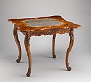 Card table, Carved walnut frame; pine top with marquetry of walnut, figured walnut, boxwood, alder burl, birch, olive wood, plum, padauk wood, yew, green-stained poplar, and other marquetry woods; lined with modern velvet; iron fittings, German, Bamberg
