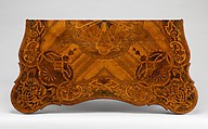 Card table, Carved walnut frame; pine top with marquetry of walnut, figured walnut, boxwood, alder burl, birch, olive wood, plum, padauk wood, yew, green-stained poplar, and other marquetry woods; lined with modern velvet; iron fittings, German, Bamberg