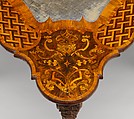 Card table, Carved walnut frame; pine top with marquetry of walnut, figured walnut, boxwood, alder burl, birch, olive wood, plum, padauk wood, yew, green-stained poplar, and other marquetry woods; lined with modern velvet; iron fittings, German, Bamberg
