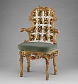 Armchair (one of a pair) (part of a set), Attributed to Johann Michael Bauer (German, Westheim 1710–1779 Bamberg), Carved, painted and gilded limewood; squab pillow in silk velvet (not original), German, Würzburg