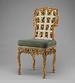 Side chair (one of four) (part of a set), Attributed to Johann Michael Bauer (German, Westheim 1710–1779 Bamberg), Carved, painted and gilded limewood; squab pillow in silk velvet (not original), German, Würzburg