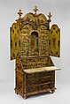 Desk (Secretary), Pine; carved, painted, gilded, and varnished linden wood decorated with colored decoupage prints; mirror glass; the inside of the fall front lined with silk not original to the secretary, Italian, Venice