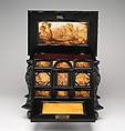 Coffer, Pine veneered with ebony and macassar ebony; padauk wood; painted alabaster; ivory; mirror glass, Dutch