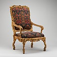 Armchair (fauteuil à la reine), Carved and gilded walnut, late 17th-century wool velvet (not original), French, Paris