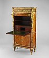 Drop-front secretary (secrétaire à abattant or secrétaire en armoire), Guillaume Benneman (active 1785, died 1811), Oak veneered with tulipwood, kingwood, holly partly stained green, ebony, and mahogany; brèche d'Alep marble (not original); modern leather; gilt-bronze mounts, French, Paris