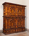 Cabinet (Fassadenschrank), Pine, oak, walnut; Hungarian ash, birch, various fruitwoods, walnut, palisander, other woods, partly stained (marquetry veneer); wrought iron,, German, Nuremberg