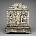 Cabinet, Cabinetry by the workshop of Melchior Baumgartner (German) (1621–1686), Oak, pine, walnut, cedar, ebony, and rosewood; ivory veneer and silver veneer; silver; silver-gilt moldings; gilded yellow-metal mounts; the drawers lined with aquamarine-colored silk, German, Augsburg