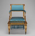 Armchair, Karl Friedrich Schinkel (German, Neuruppin 1781–1841 Berlin), Gilded mountain ash; brass mounts and casters; modern upholstery, German, Berlin