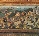 Cassone with painted front panel depicting the Conquest of Trebizond, Attributed to workshop of Apollonio di Giovanni di Tomaso (Italian, Florence ca. 1416–1465 Florence), Poplar wood, linen, polychromed and gilded gesso with panel painted in tempera and gold, Italian, Florence