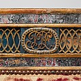 Side chair (part of a set), Carved, gilded and painted walnut, reverse-painted glass (verre églomisé), cut and voided 17th-century crimson silk velvet probably not original to the chair, Italian, Sicily