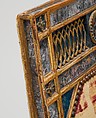 Side chair (part of a set), Carved, gilded and painted walnut, reverse-painted glass (verre églomisé), cut and voided 17th-century crimson silk velvet probably not original to the chair, Italian, Sicily
