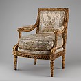 Armchair (Fauteuil à la reine) (one of a pair) (part of a set), Georges Jacob (French, Cheny 1739–1814 Paris), Carved and gilded walnut; embroidered silk satin, French, Paris