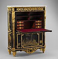 Drop-front secretary (Secrétaire en armoire), Jean Henri Riesener (French, Gladbeck, North Rhine-Westphalia 1734–1806 Paris), Oak veneered with ebony and 17th-century Japanese lacquer; interiors veneered with tulipwood, amaranth, holly, and ebonized holly; gilt-bronze mounts; marble top; velvet (not original), French, Paris