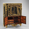 Drop-front secretary (Secrétaire en armoire), Jean Henri Riesener (French, Gladbeck, North Rhine-Westphalia 1734–1806 Paris), Oak veneered with ebony and 17th-century Japanese lacquer; interiors veneered with tulipwood, amaranth, holly, and ebonized holly; gilt-bronze mounts; marble top; velvet (not original), French, Paris