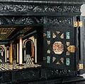 Cabinet, Oak and poplar wood veneered with ebony; ivory; stained ivory; bone, and various marquetry woods, including kingwood and amaranth; ebonized pearwood; gilt-bronze capitals and bases; plated-iron hardware, French, Paris