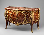 Commode, Denis Genty (master ébéniste 1754–ca. 1762), Oak veneered with amaranth, bois satiné, boxwood, and various stained woods; gilt bronze; rouge royal marble, French, Paris