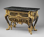 Commode, André Charles Boulle (French, Paris 1642–1732 Paris), Walnut veneered with ebony, marquetry of engraved brass and tortoiseshell, gilt-bronze mounts, verd antique marble, French