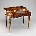 Mechanical table, Jean-François Oeben (French, born Germany, Heisenberg 1721–1763 Paris), Oak veneered with mahogany, kingwood, and tulipwood, with marquetry of mahogany, rosewood, holly, and various other woods; gilt-bronze mounts; imitation Japanese lacquer; replaced silk, French