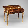 Mechanical table, Jean-François Oeben (French, born Germany, Heisenberg 1721–1763 Paris), Oak veneered with mahogany, kingwood, and tulipwood, with marquetry of mahogany, rosewood, holly, and various other woods; gilt-bronze mounts; imitation Japanese lacquer; replaced silk, French