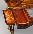 Mechanical table, Jean-François Oeben (French, born Germany, Heisenberg 1721–1763 Paris), Oak veneered with mahogany, kingwood, and tulipwood, with marquetry of mahogany, rosewood, holly, and various other woods; gilt-bronze mounts; imitation Japanese lacquer; replaced silk, French