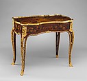 Mechanical table, Jean-François Oeben (French, born Germany, Heisenberg 1721–1763 Paris), Oak veneered with mahogany, kingwood, and tulipwood, with marquetry of mahogany, rosewood, holly, and various other woods; gilt-bronze mounts; imitation Japanese lacquer; replaced silk, French