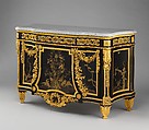 Commode (Secrétaire à abattant), Jean Henri Riesener (French, Gladbeck, North Rhine-Westphalia 1734–1806 Paris), Oak veneered with ebony and 17th-century Japanese lacquer; interiors veneered with tulipwood, amaranth, holly, and ebonized holly; gilt-bronze mounts; marble top; velvet (not original), French, Paris