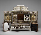 Cabinet, Cabinetry by the workshop of Melchior Baumgartner (German) (1621–1686), Oak, pine, walnut, cedar, ebony, and rosewood; ivory veneer and silver veneer; silver; silver-gilt moldings; gilded yellow-metal mounts; the drawers lined with aquamarine-colored silk, German, Augsburg