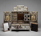 Cabinet, Cabinetry by the workshop of Melchior Baumgartner (German) (1621–1686), Oak, pine, walnut, cedar, ebony, and rosewood; ivory veneer and silver veneer; silver; silver-gilt moldings; gilded yellow-metal mounts; the drawers lined with aquamarine-colored silk, German, Augsburg